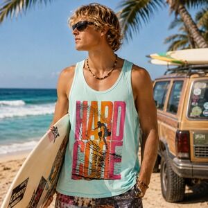 Vintage 90s Y2K Sun Sportswear Hard Core Surfer Graphic Tank Top Aqua Blue XL